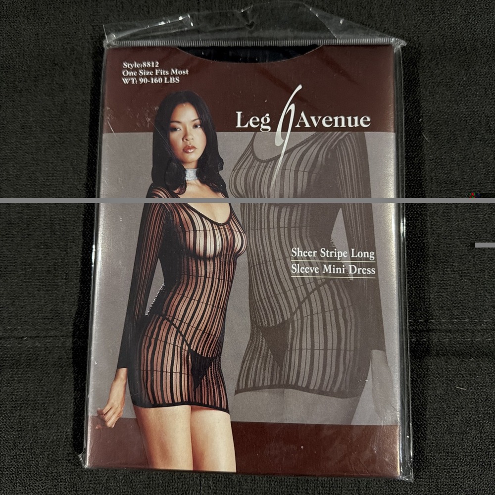 Leg Avenue 8812 Black Sheer Striped Long Sleeve Mini Dress Lingerie One Size